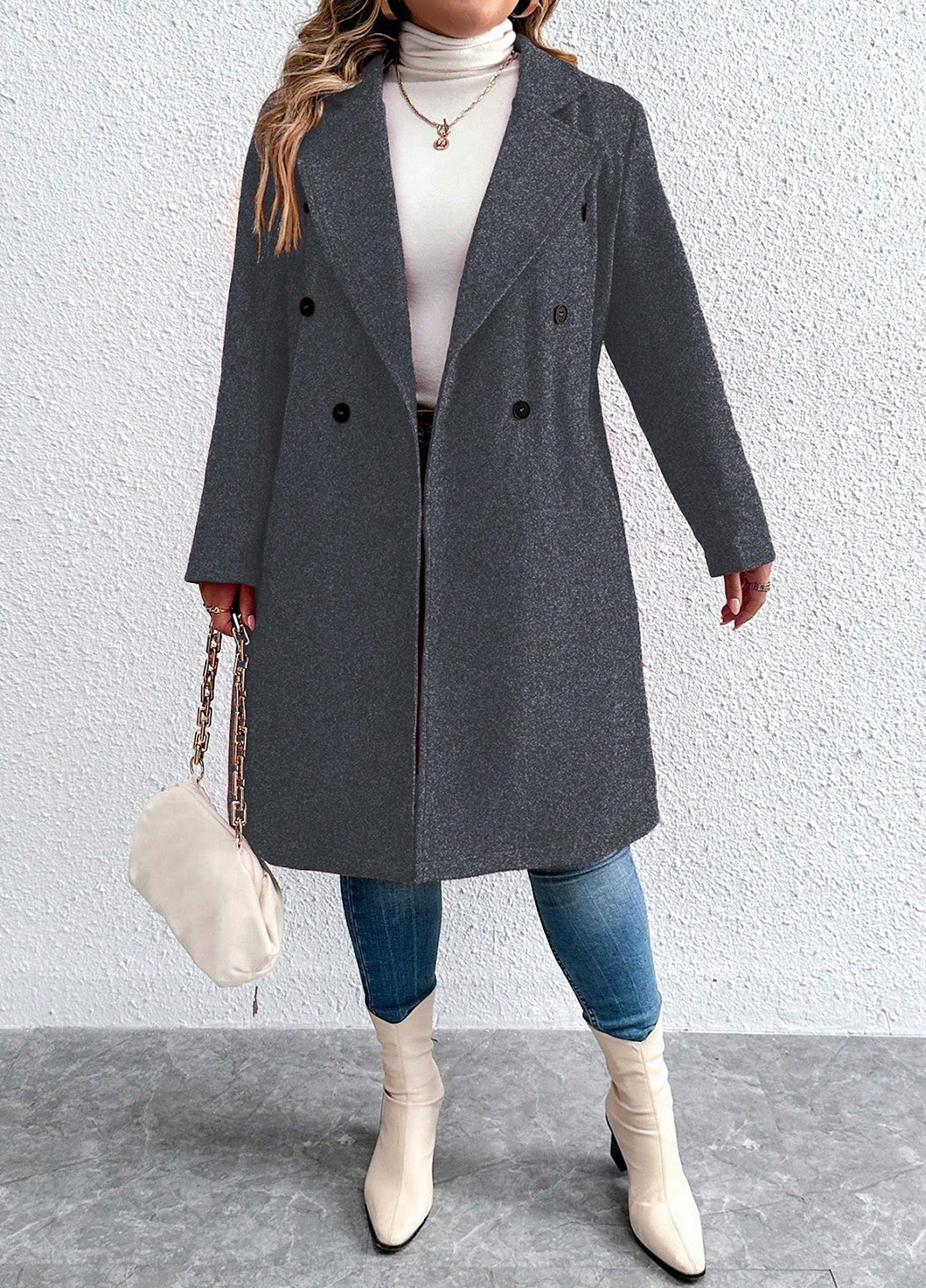 Темно-серое демисезонное Пальто двубортное SHEIN