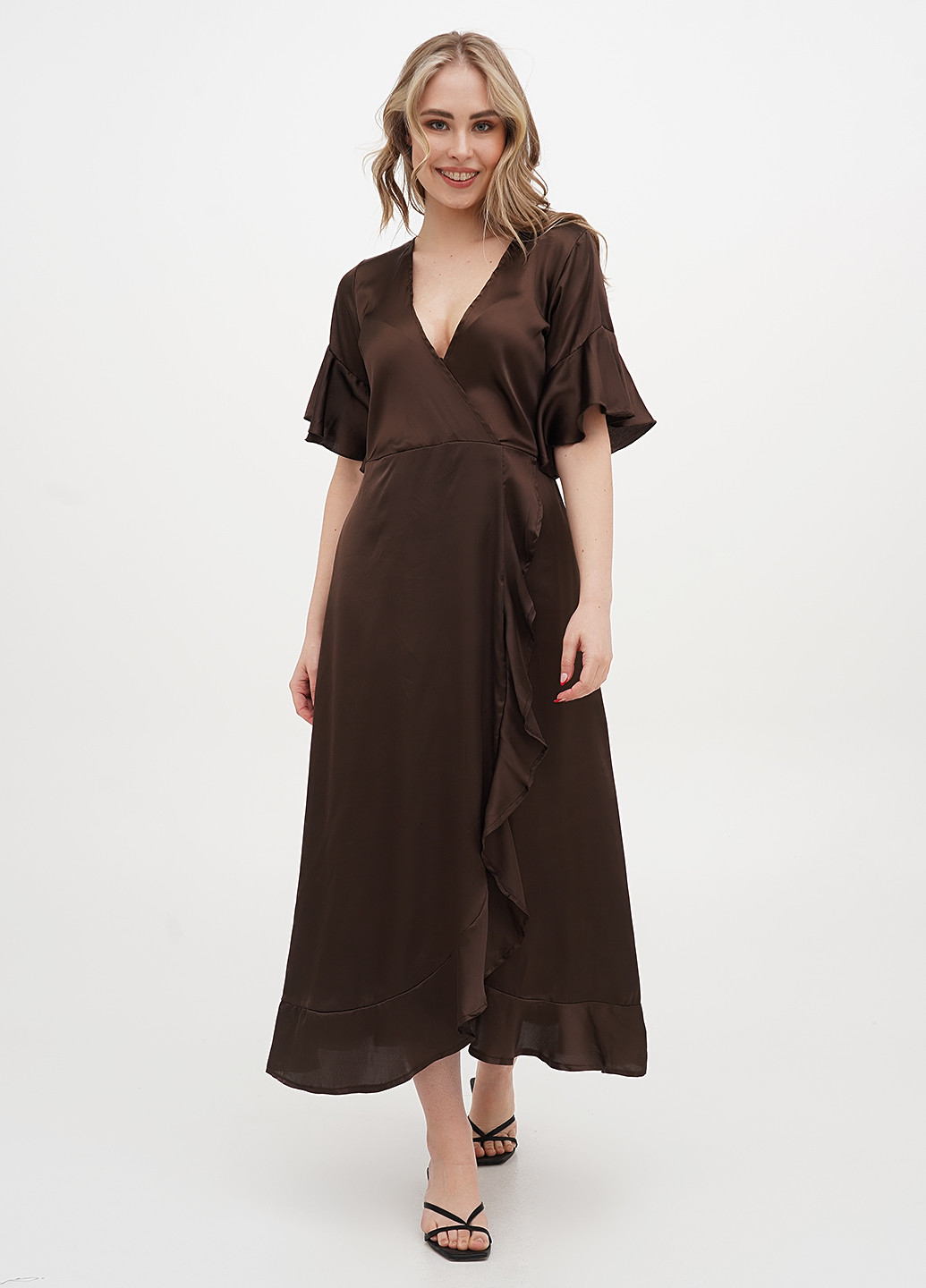 Коричнева кежуал, святковий сукня на запах, кльош AX Paris однотонна