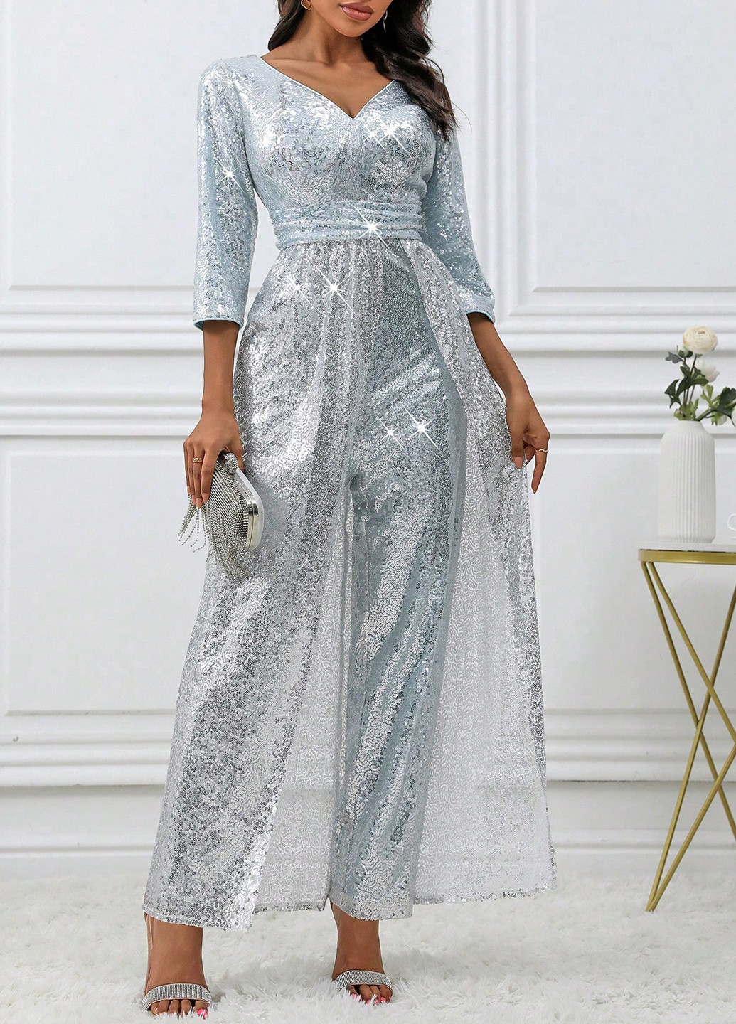 Комбинезон SHEIN комбинезон-брюки однотонный серебряный кэжуал полиэстер