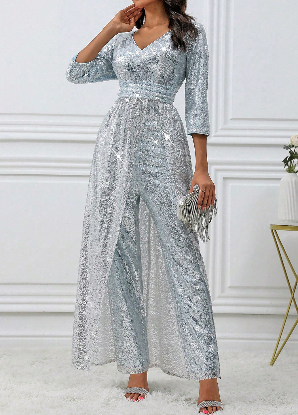 Комбинезон SHEIN комбинезон-брюки однотонный серебряный кэжуал полиэстер