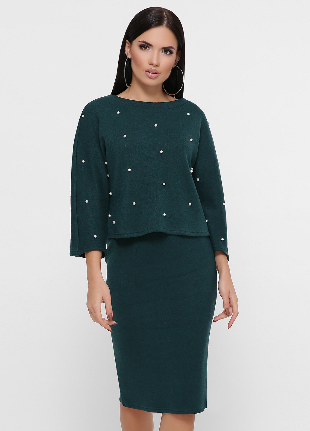 Костюм (джемпер, юбка) Fashion Up юбочный, с длинным рукавом однотонный темно-зелёный кэжуал