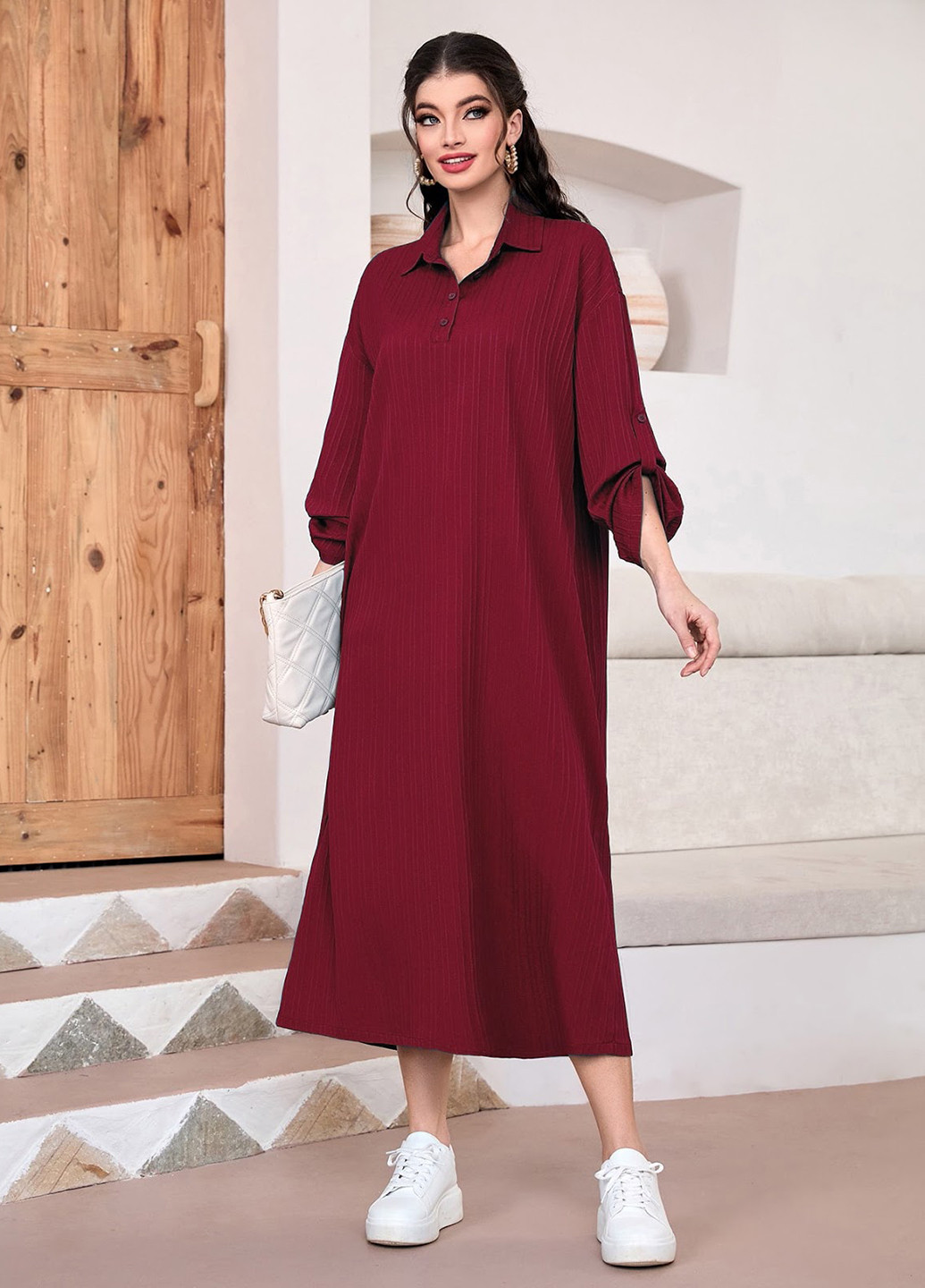 Бордова кежуал сукня сукня-сорочка SHEIN однотонна