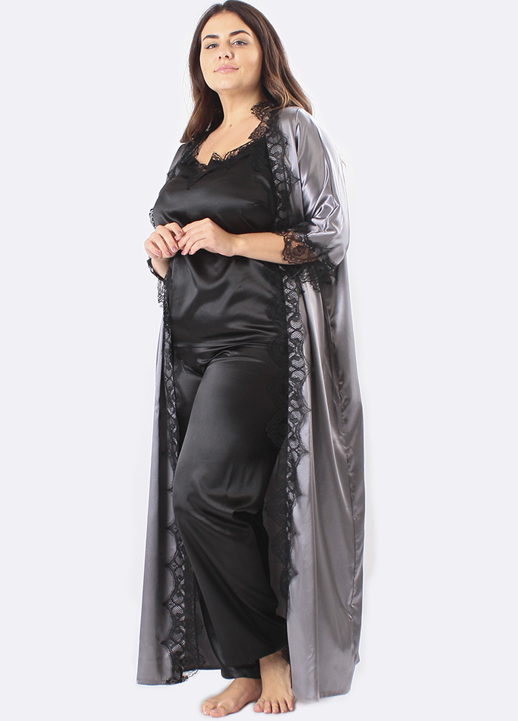 Сірий демісезонний комплект (топ, брюки, халат) Ghazel