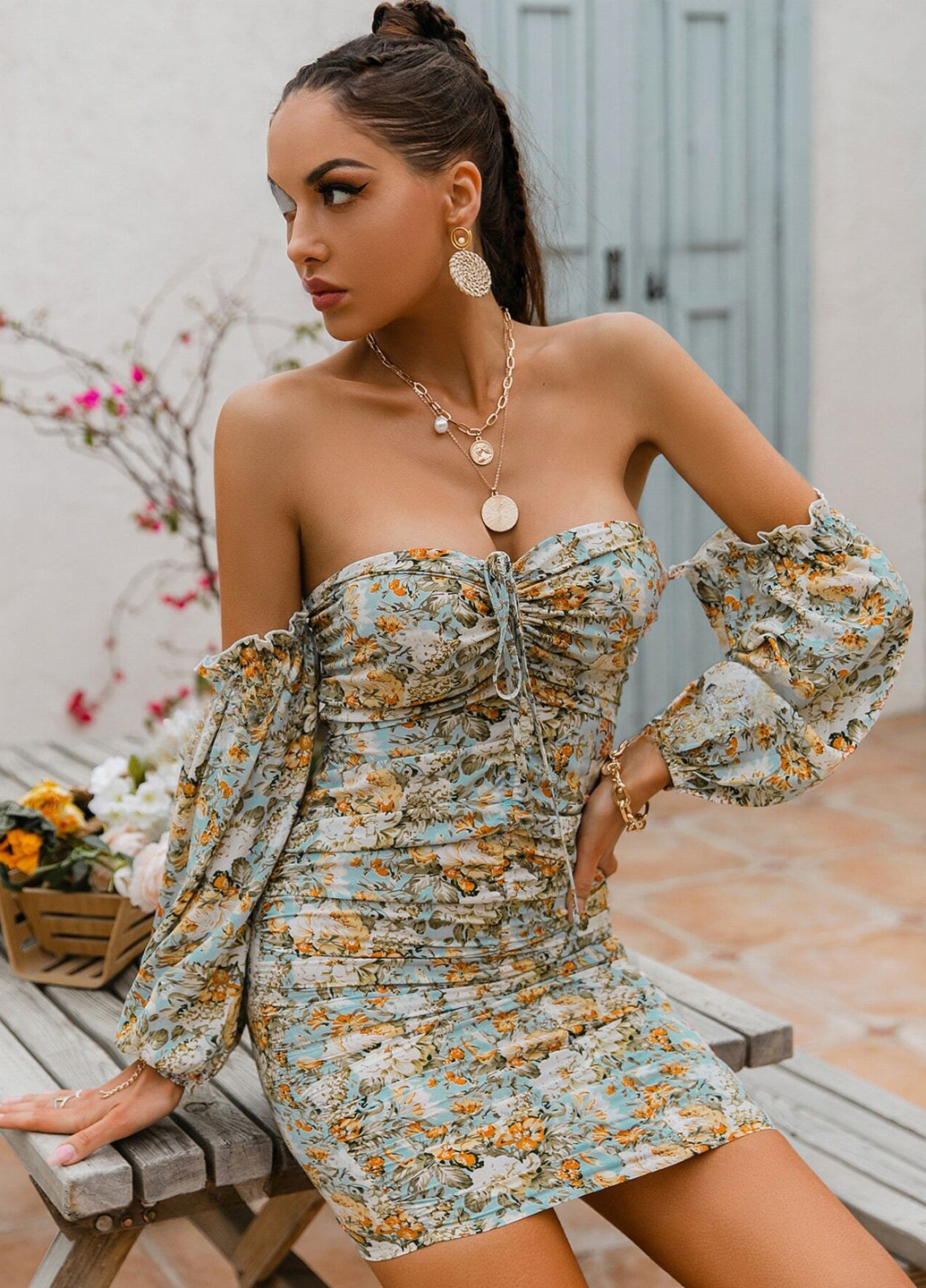 Комбінована кежуал сукня з відкритими плечима SHEIN з квітковим принтом