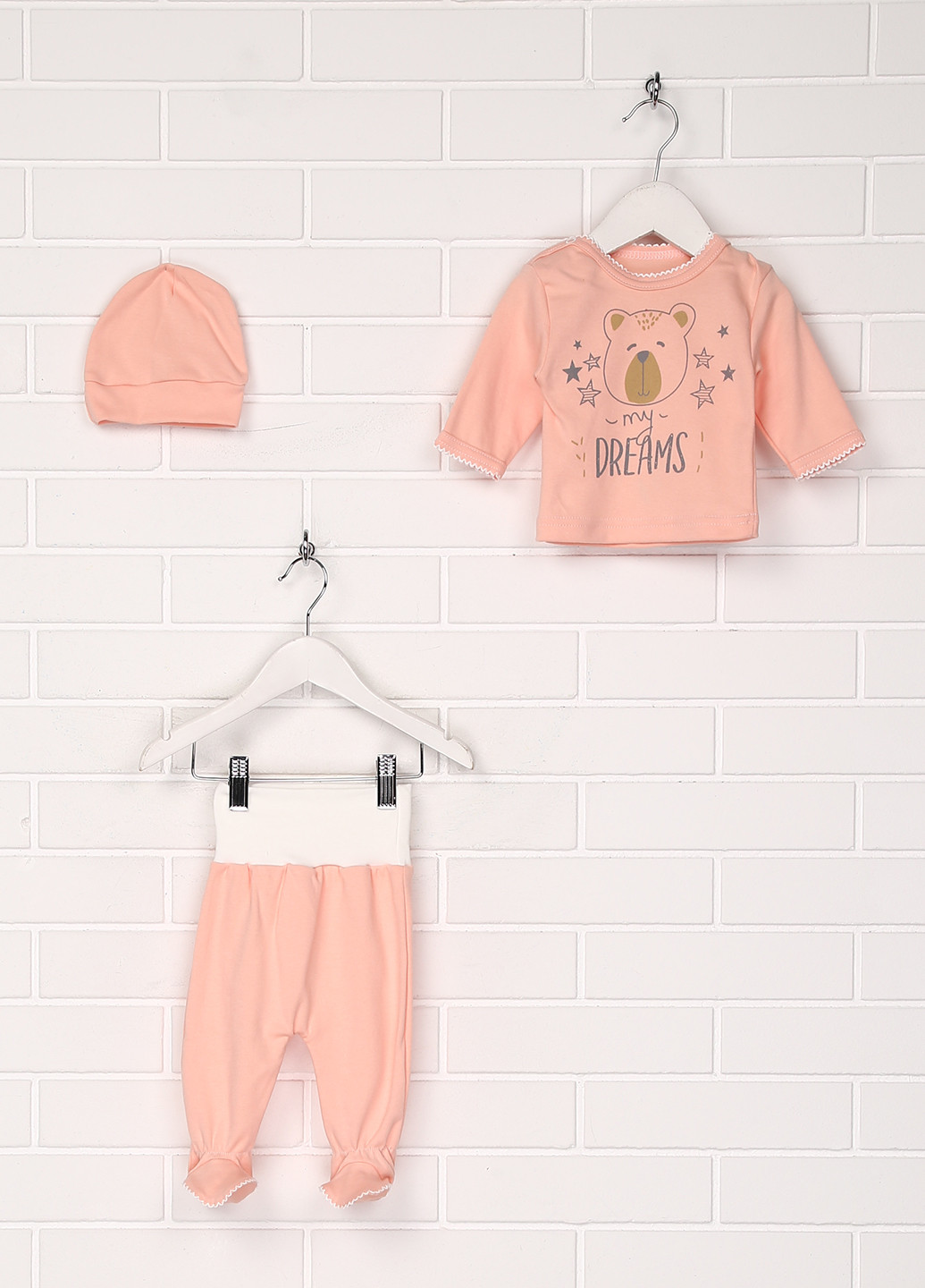 Персиковий демісезонний комплект (лонгслів, повзунки, шапка) Baby Art
