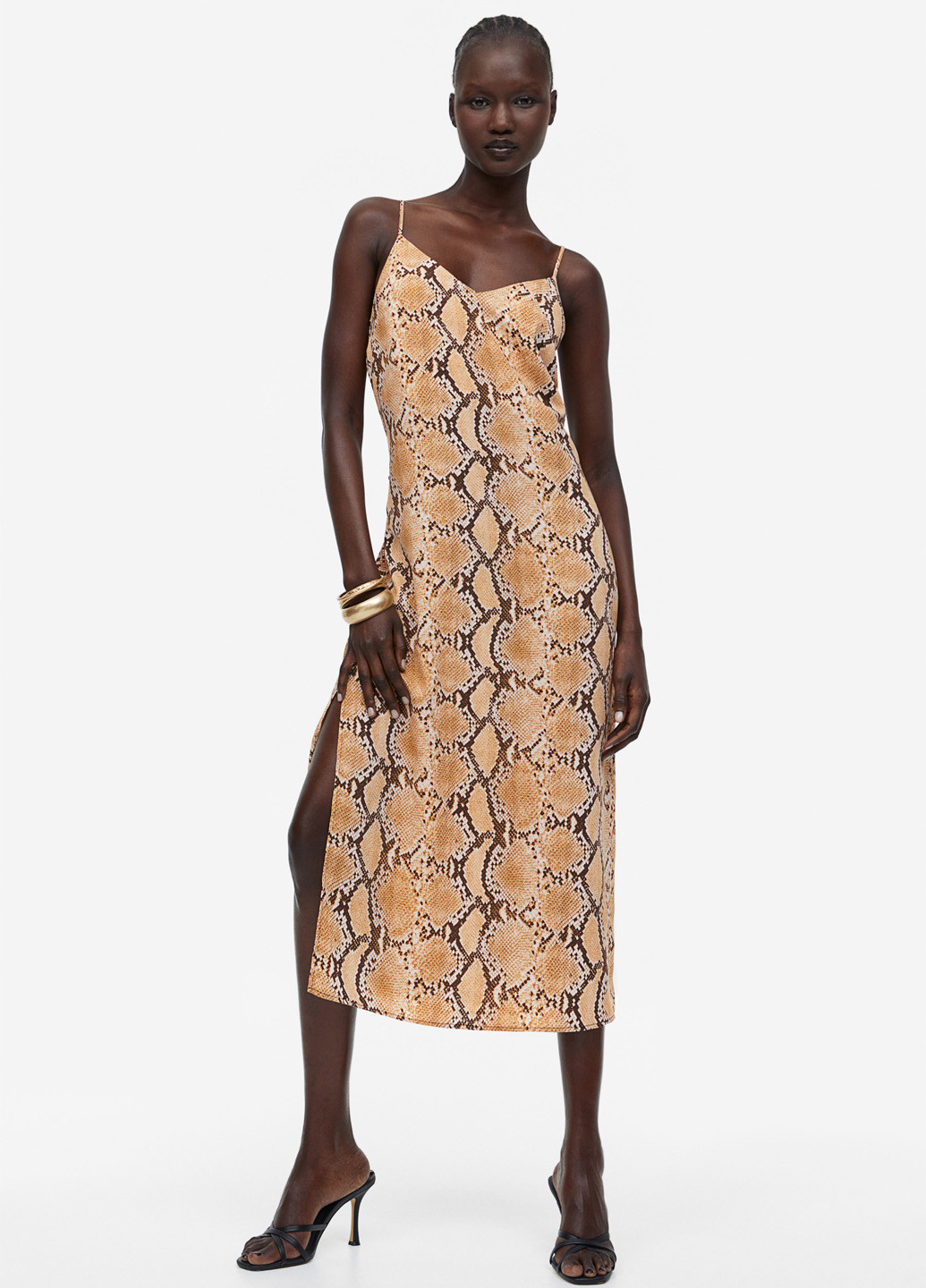 Бежевое вечернее, кэжуал платье платье-комбинация H&M змеиный