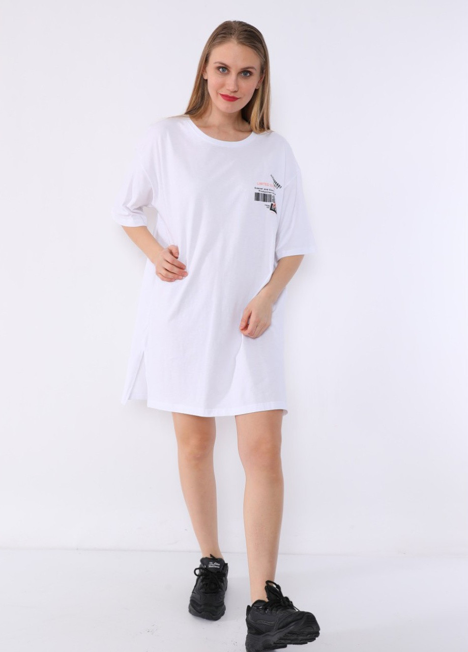 Білий кежуал сукня футболка жіноча біла широка принт на спині MDG з малюнком