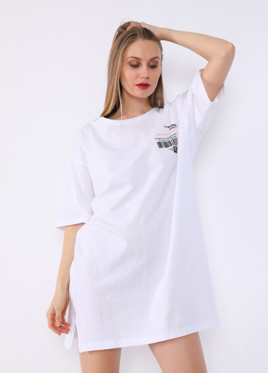 Белое кэжуал платье футболка женское белое широкое принт на спине MDG с рисунком