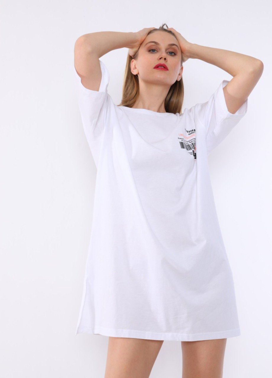 Білий кежуал сукня футболка жіноча біла широка принт на спині MDG з малюнком