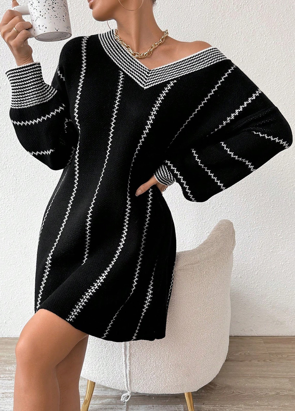 Черное кэжуал платье платье-свитер SHEIN в полоску