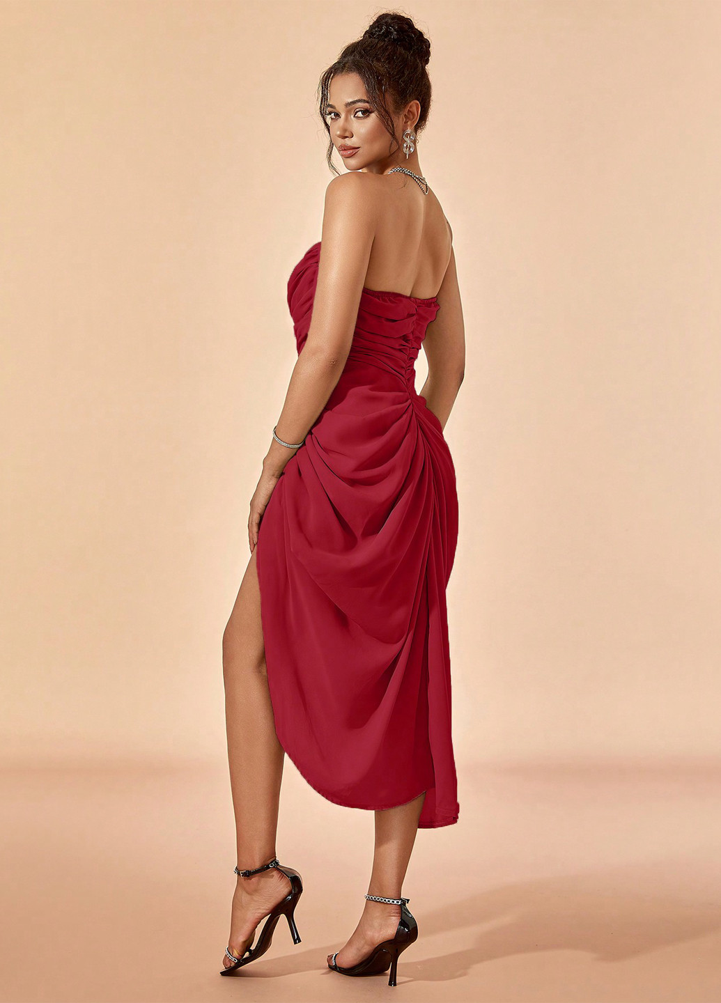 Бордова коктейльна сукня бандо, з відкритою спиною, з корсетом SHEIN однотонна