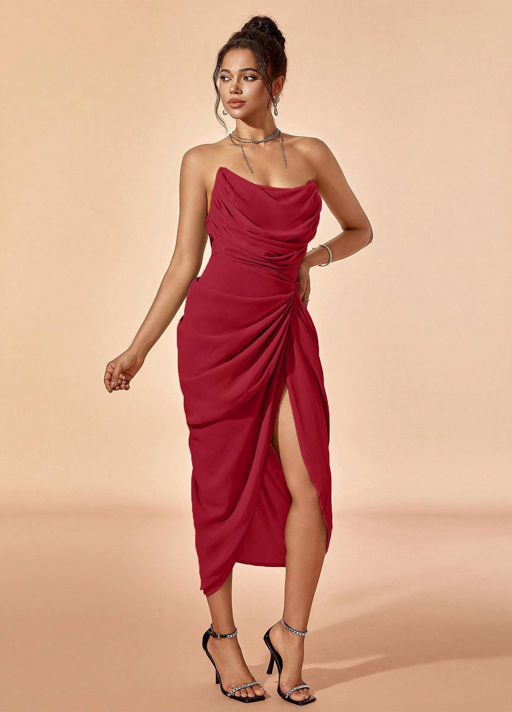 Бордова коктейльна сукня бандо, з відкритою спиною, з корсетом SHEIN однотонна