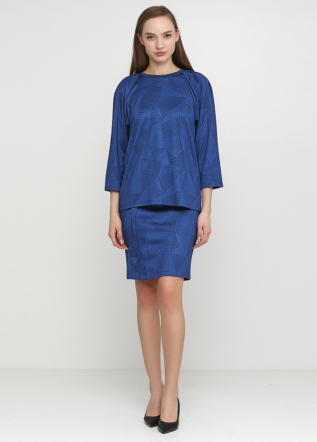 Костюм (блуза, юбка) Minus юбочный орнамент тёмно-синий кэжуал