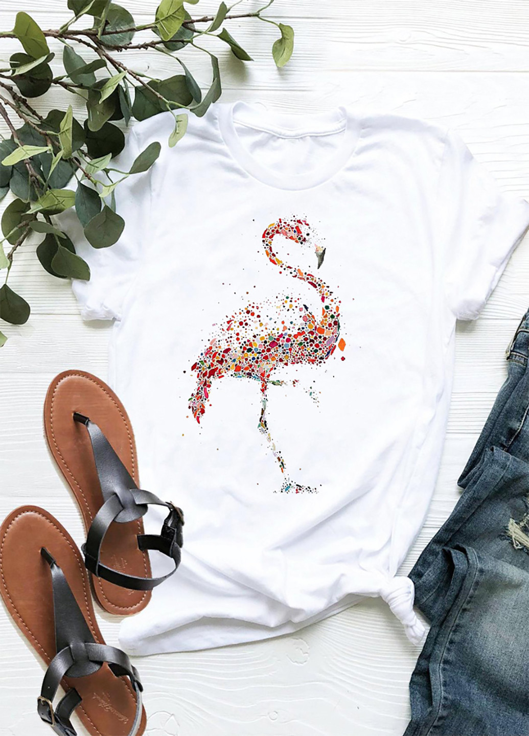 Белая демисезон футболка женская белая мозаика фламинго Zuzu