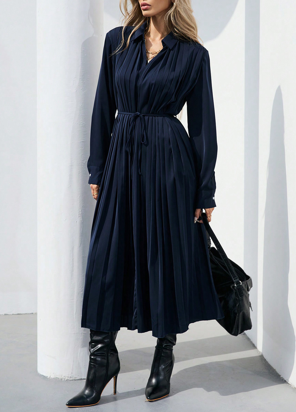 Темно-синя кежуал сукня плісована, а-силует SHEIN однотонна