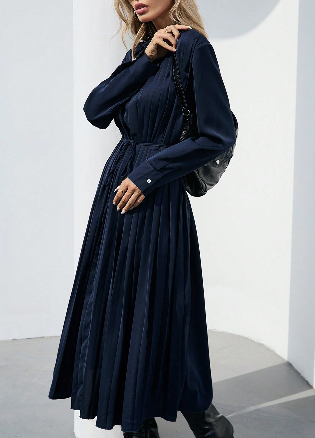 Темно-синя кежуал сукня плісована, а-силует SHEIN однотонна