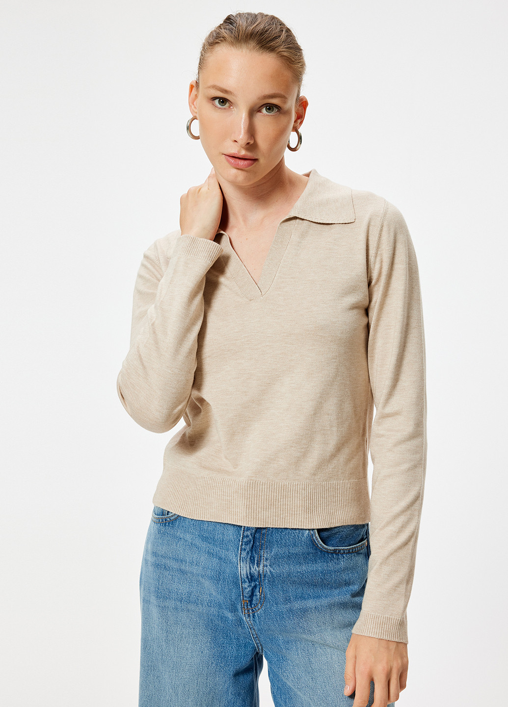 Бежевая женская футболка-поло KOTON меланжевая