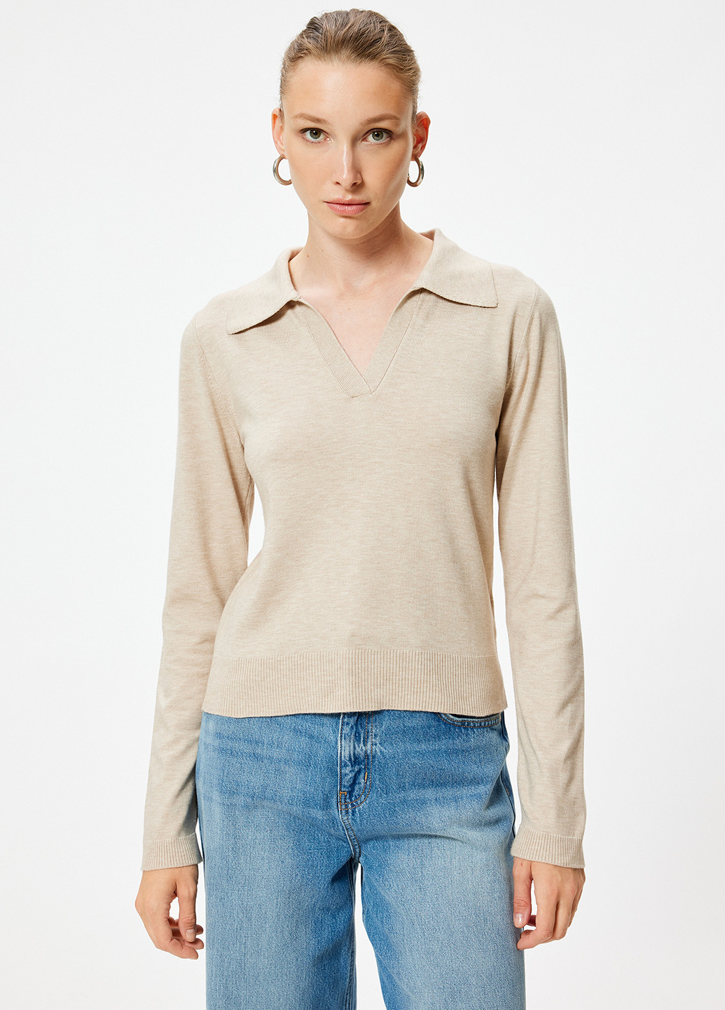 Бежевая женская футболка-поло KOTON меланжевая