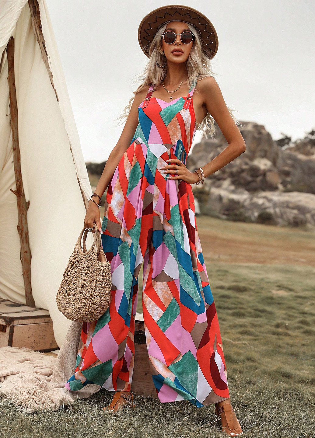 Комбинезон SHEIN комбинезон-брюки геометрический комбинированный кэжуал полиэстер