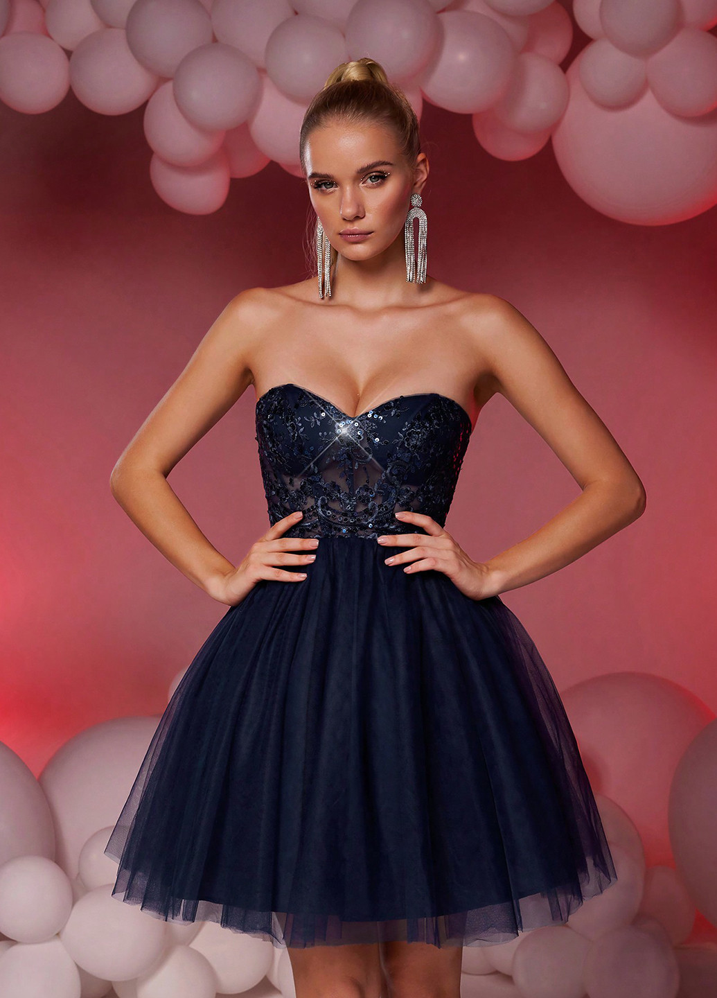 Темно-синя коктейльна сукня силуетна, з пишною спідницею, пачка, з відкритими плечима, з відкритою спиною SHEIN однотонна