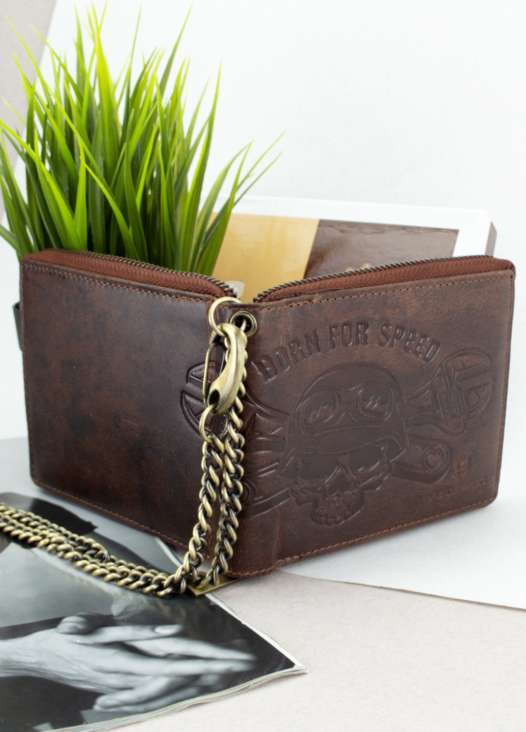 Чоловіче шкіряне портмоне N992C-05-HWM коричневе з черепом "Born for speed" Peterson (255868760)