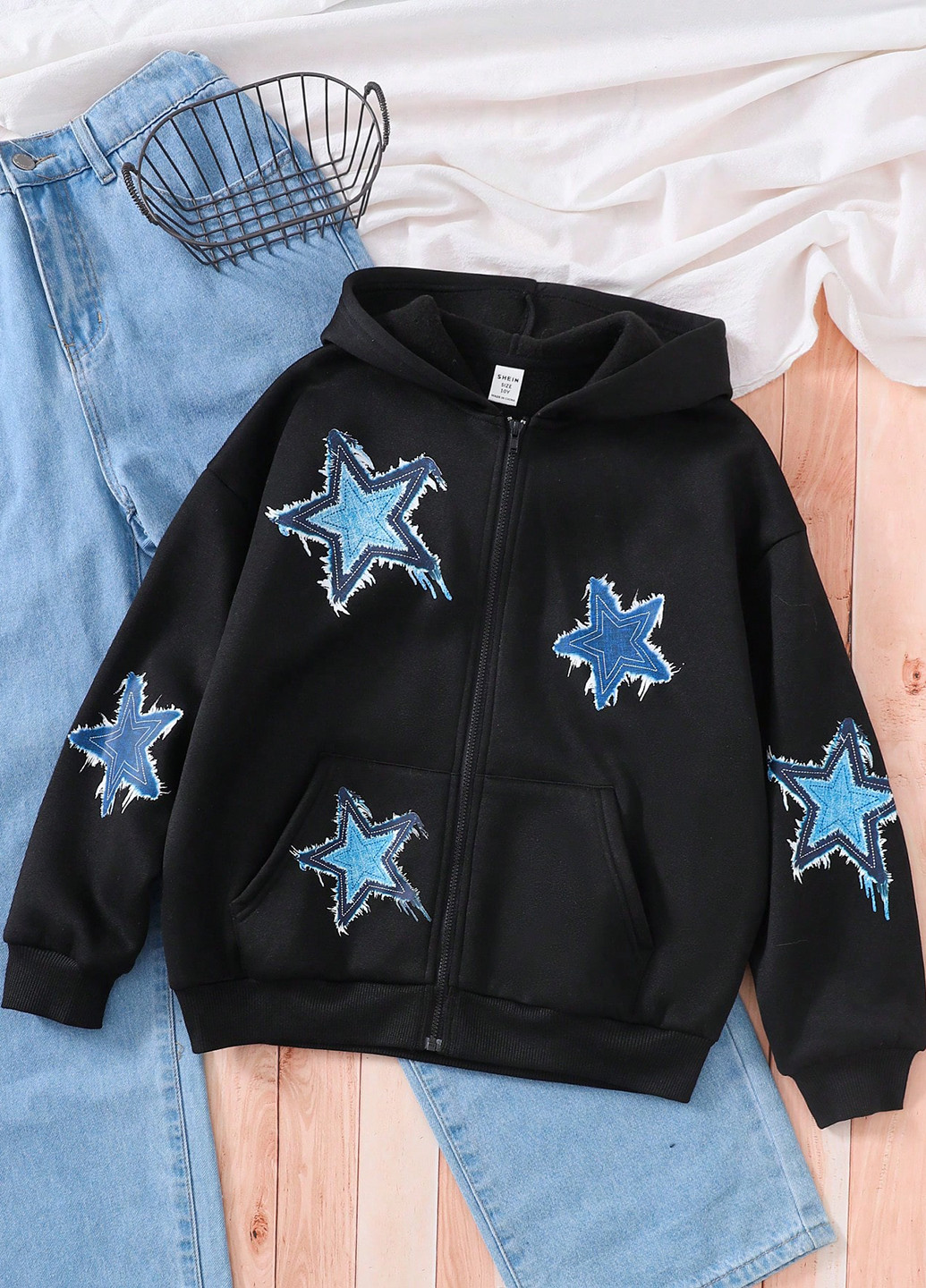 SHEIN толстовка звезды черный кэжуал полиэстер