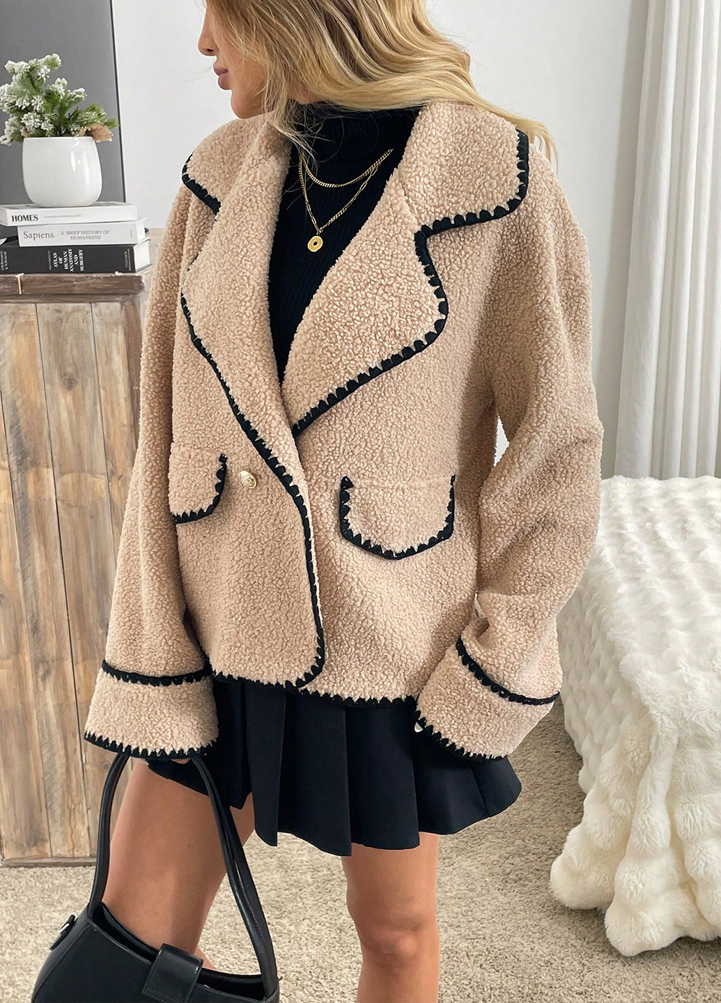 Темно-бежевое Кэжуал пальто двубортное SHEIN однотонное