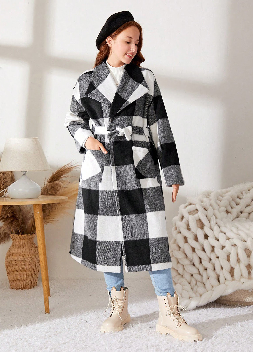 Чорно-білий демісезонне Пальто SHEIN