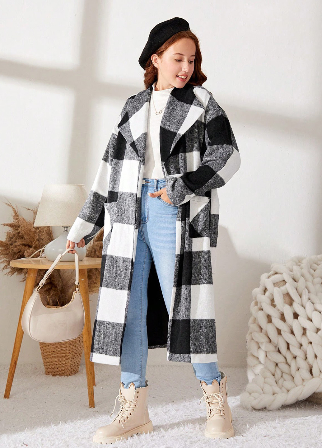 Чорно-білий демісезонне Пальто SHEIN