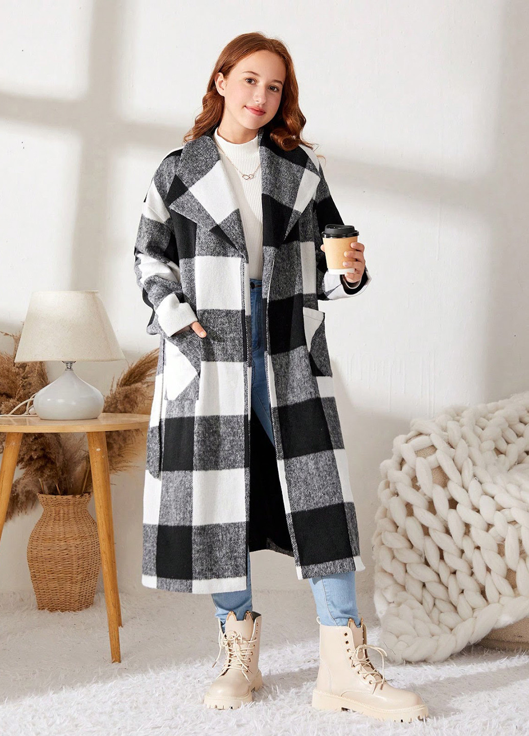 Чорно-білий демісезонне Пальто SHEIN