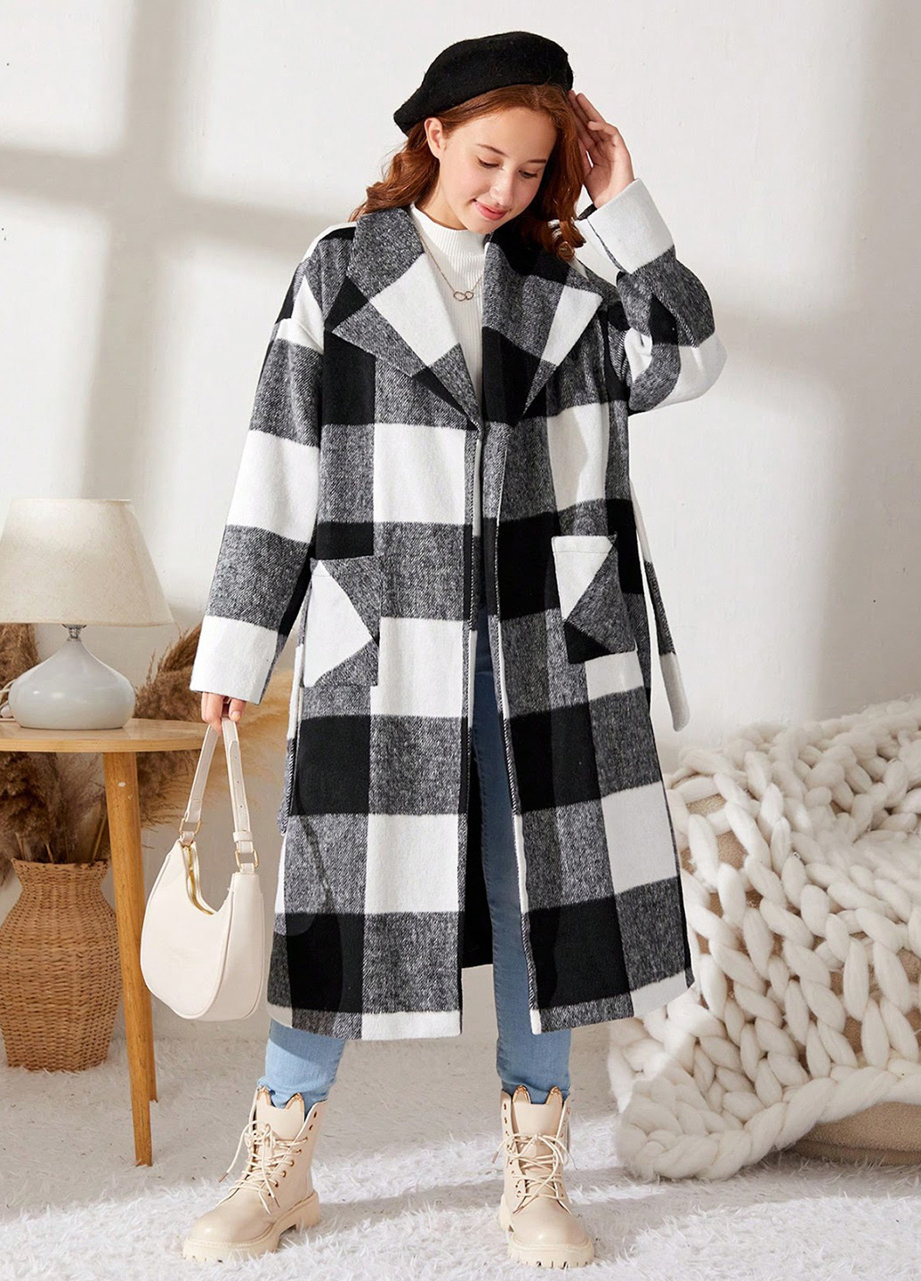 Чорно-білий демісезонне Пальто SHEIN