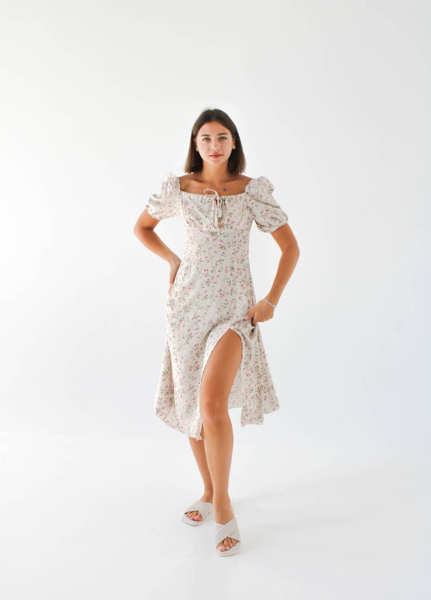 Светло-бежевое кэжуал платье Ромашка с цветочным принтом