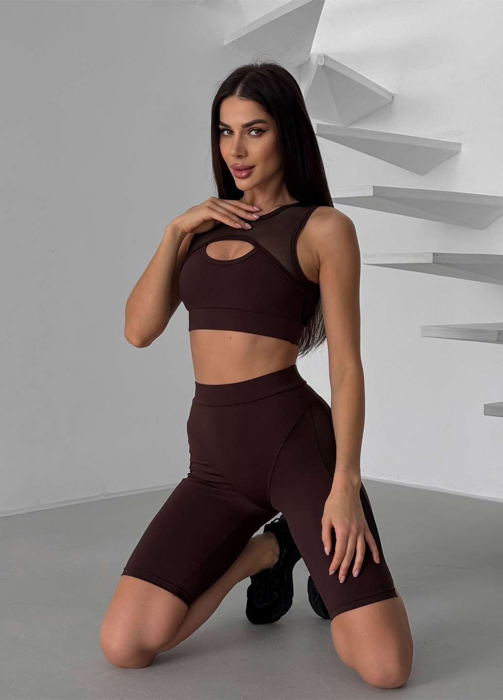 Кофейный демисезонный комплект женский спортивный (велосипедки, топ) NOVA VEGA