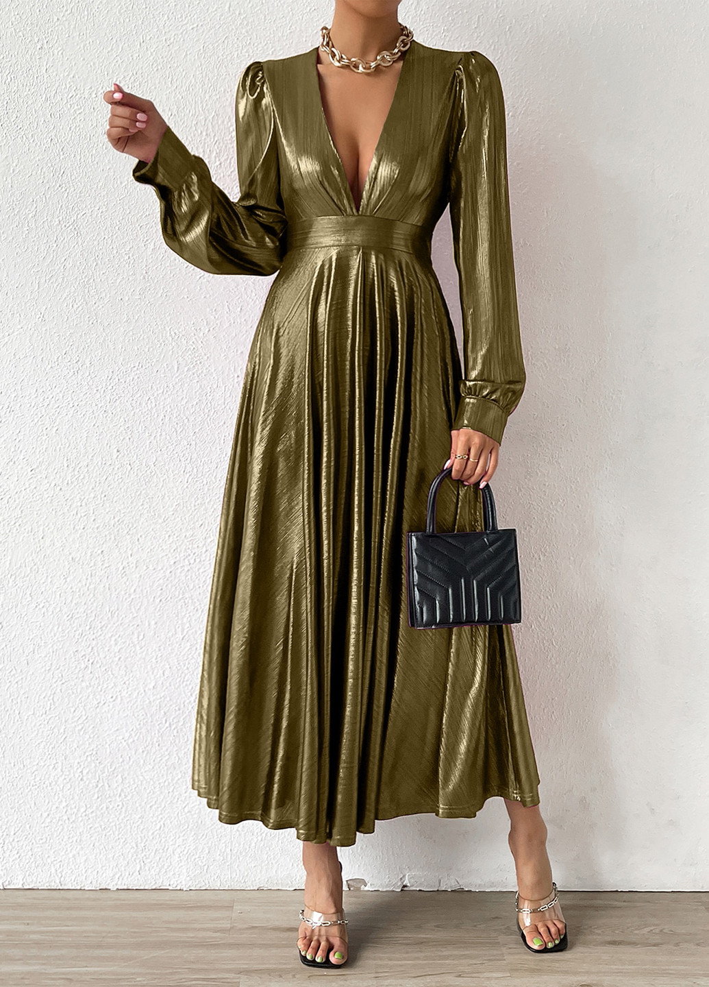 Оливковое (хаки) вечернее платье SHEIN однотонное
