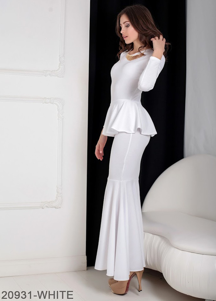 Белое кэжуал элегантное вечернее платье-рыбка с длинным рукавом и баской на талии laura Podium однотонное