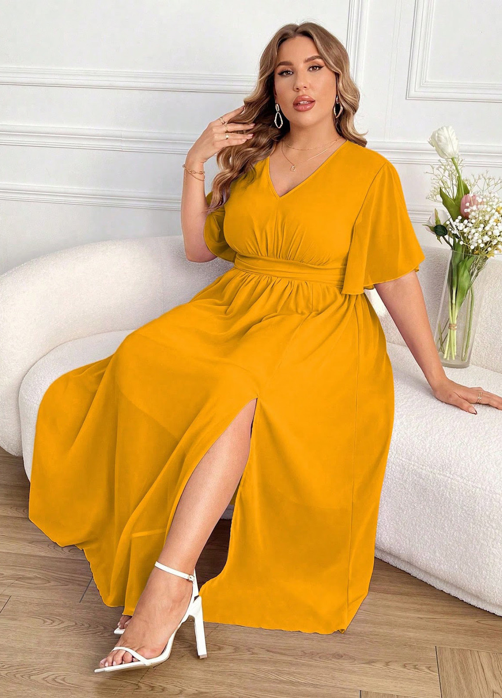 Горчичное праздничный, кэжуал платье клеш SHEIN однотонное