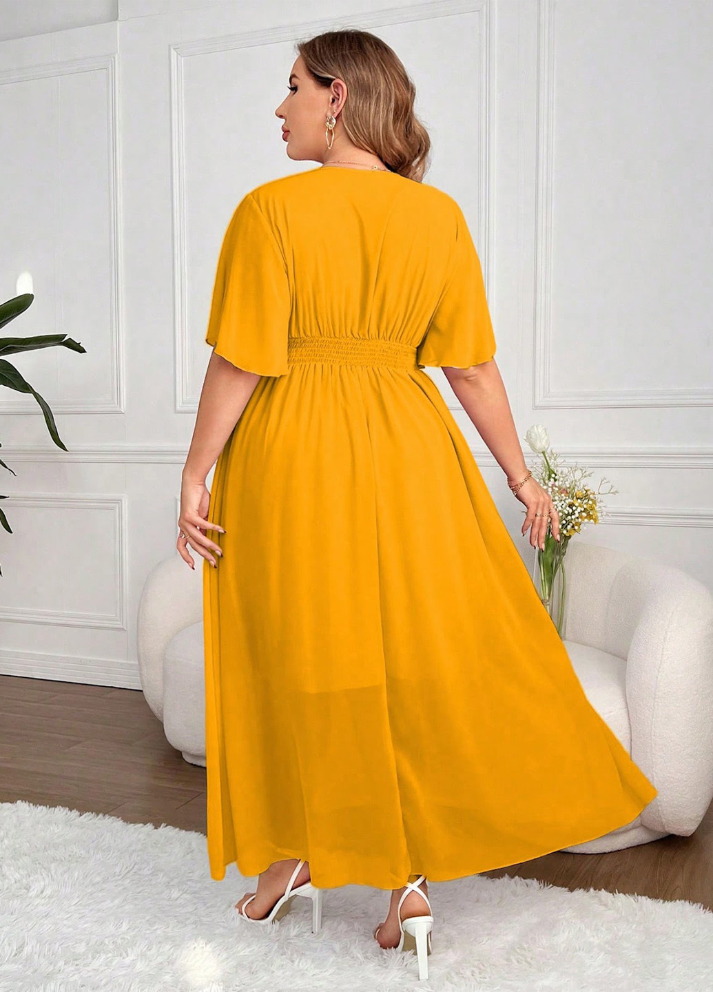 Горчичное праздничный, кэжуал платье клеш SHEIN однотонное
