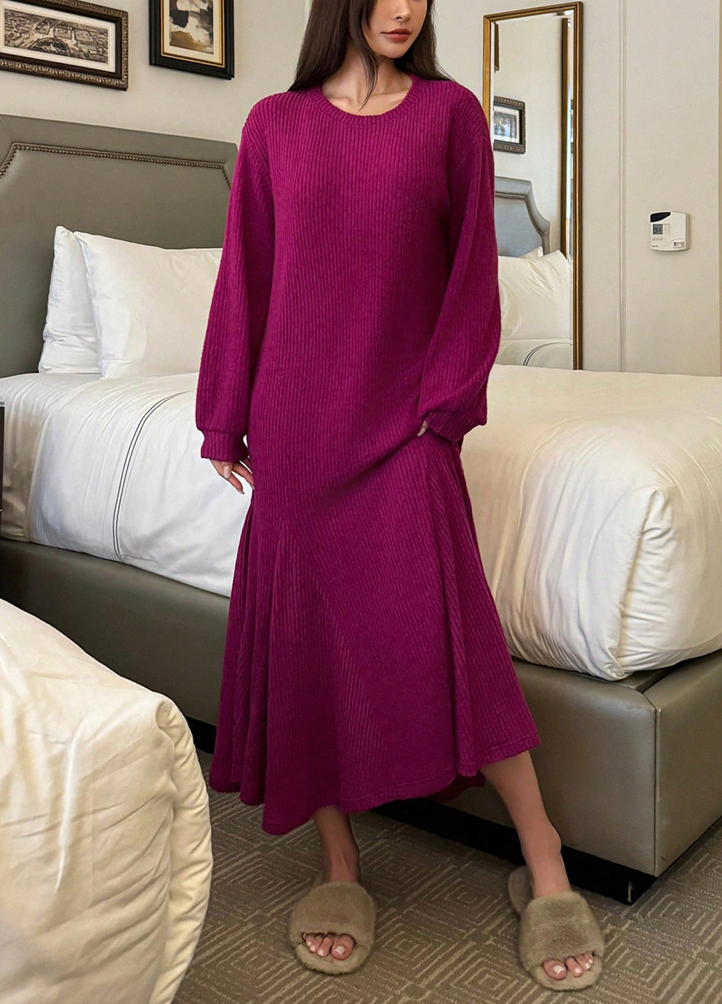 Фуксинова (кольору Фукія) домашній сукня а-силует SHEIN однотонна