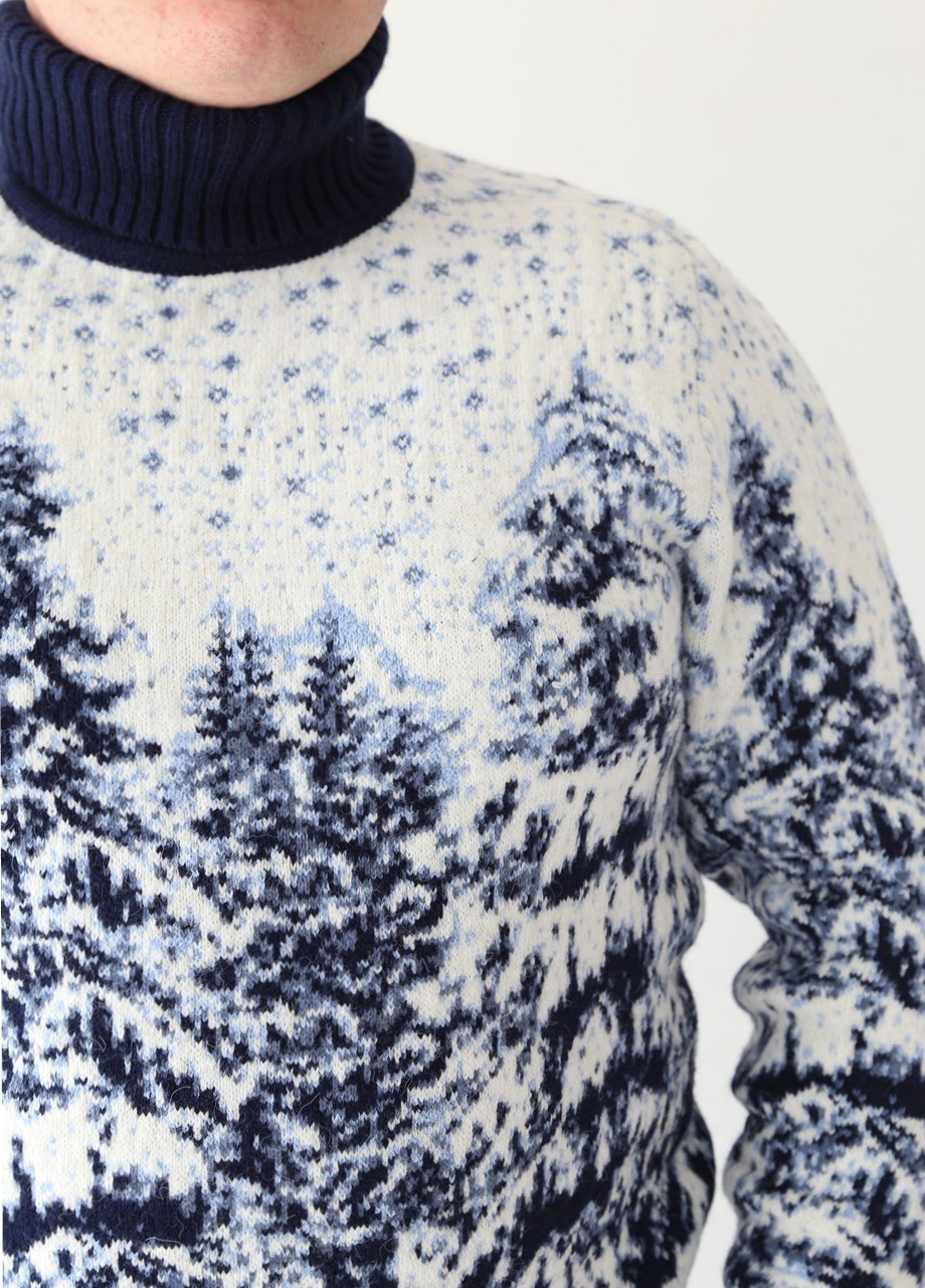 Темно-синий зимний свитер мужской зимний темно-синий с елками большой размер Pulltonic Прямая