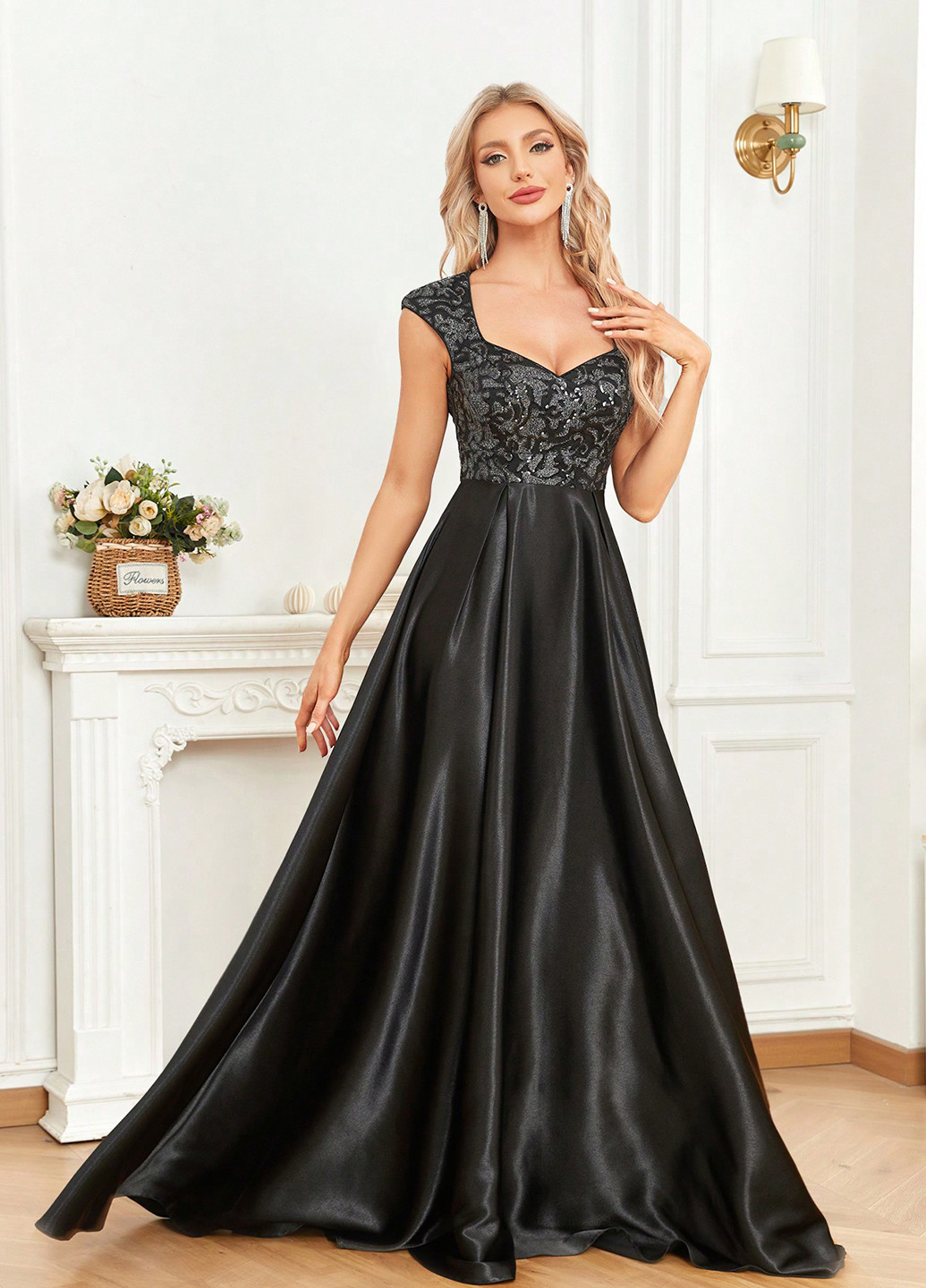 Черное вечернее, праздничный платье клеш SHEIN однотонное