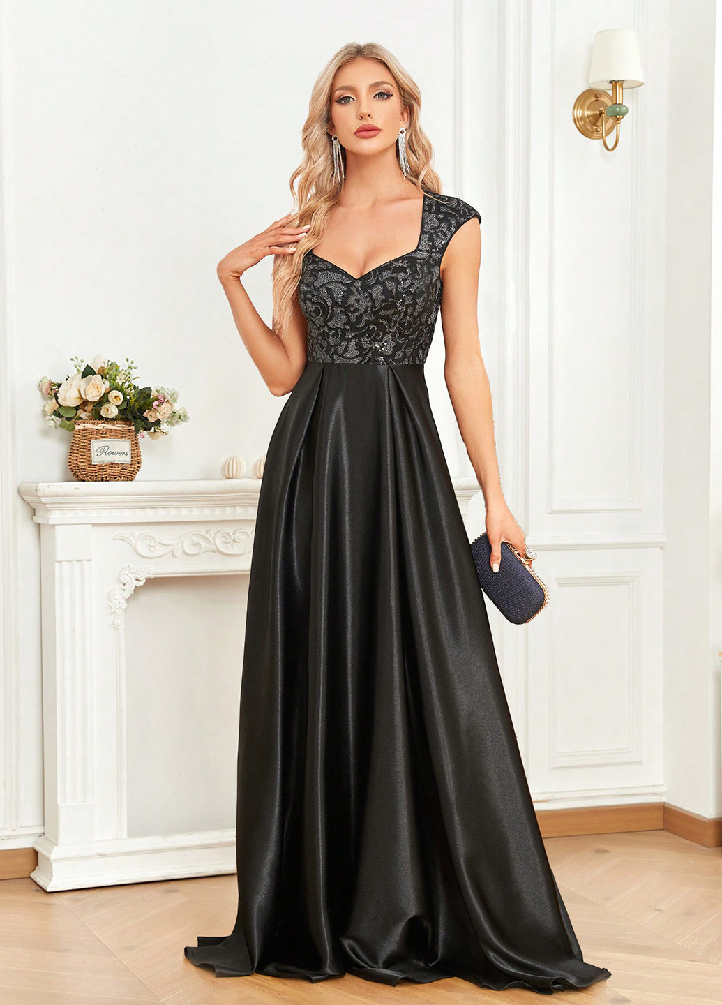 Черное вечернее, праздничный платье клеш SHEIN однотонное