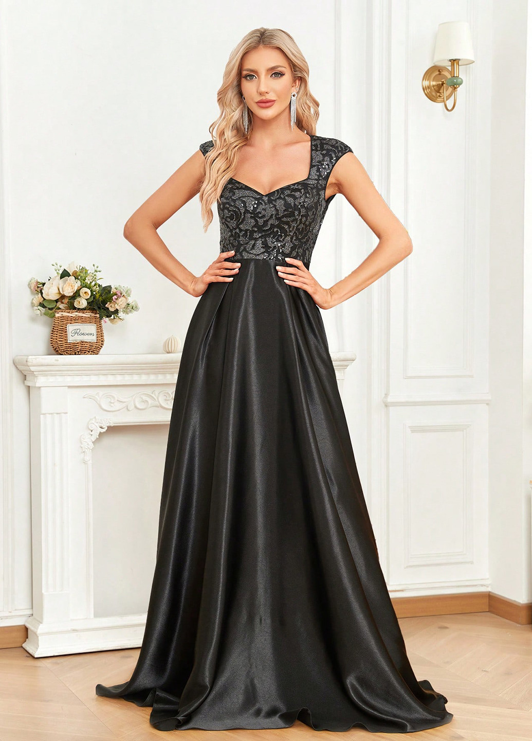 Черное вечернее, праздничный платье клеш SHEIN однотонное