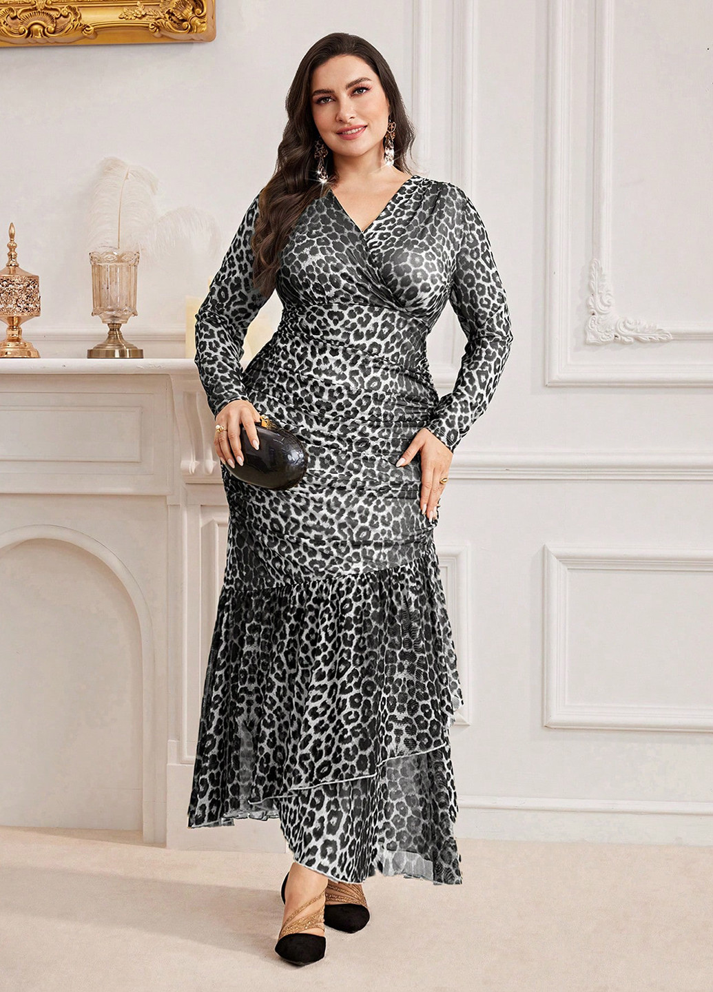 Чорно-білий коктейльна сукня SHEIN леопардовий