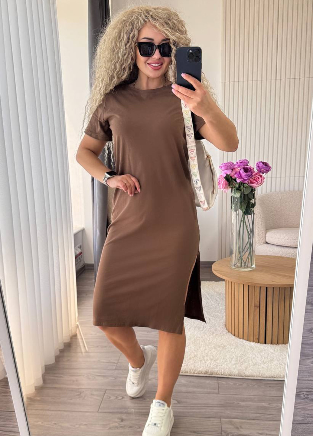 Коричневое кэжуал платье платье-футболка No Brand однотонное