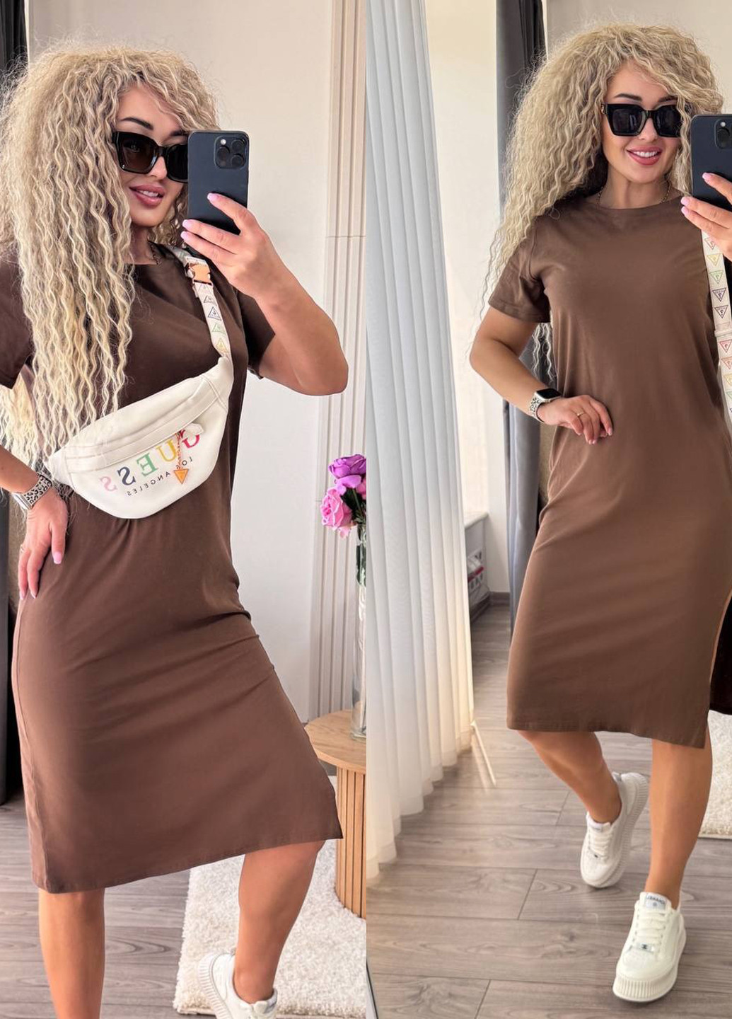 Коричневое кэжуал платье платье-футболка No Brand однотонное