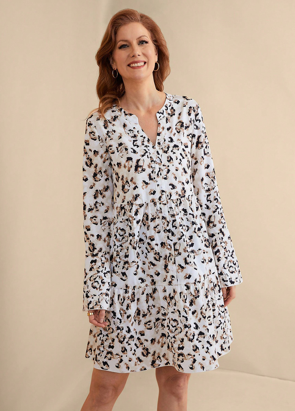 Молочна кежуал сукня з спідницею-сонце, а-силует, сукня-сорочка SHEIN леопардовий