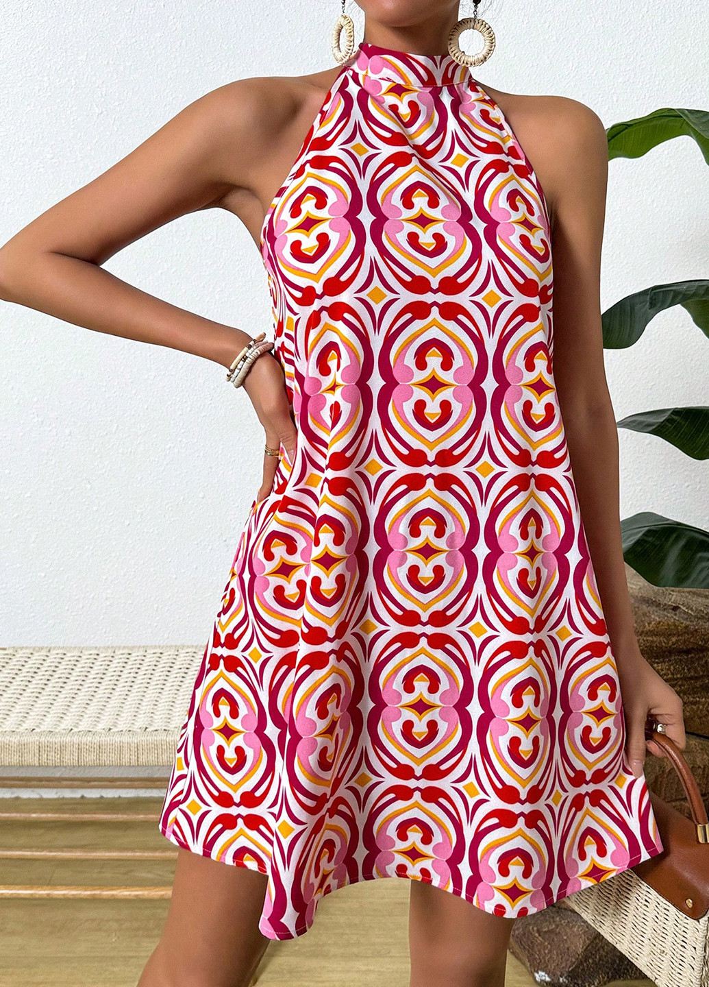 Красное кэжуал платье клеш, а-силуэт SHEIN с абстрактным узором