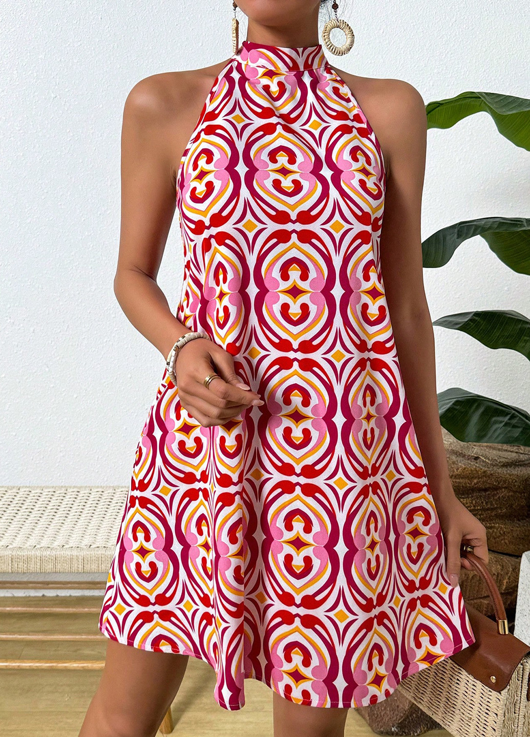 Красное кэжуал платье клеш, а-силуэт SHEIN с абстрактным узором