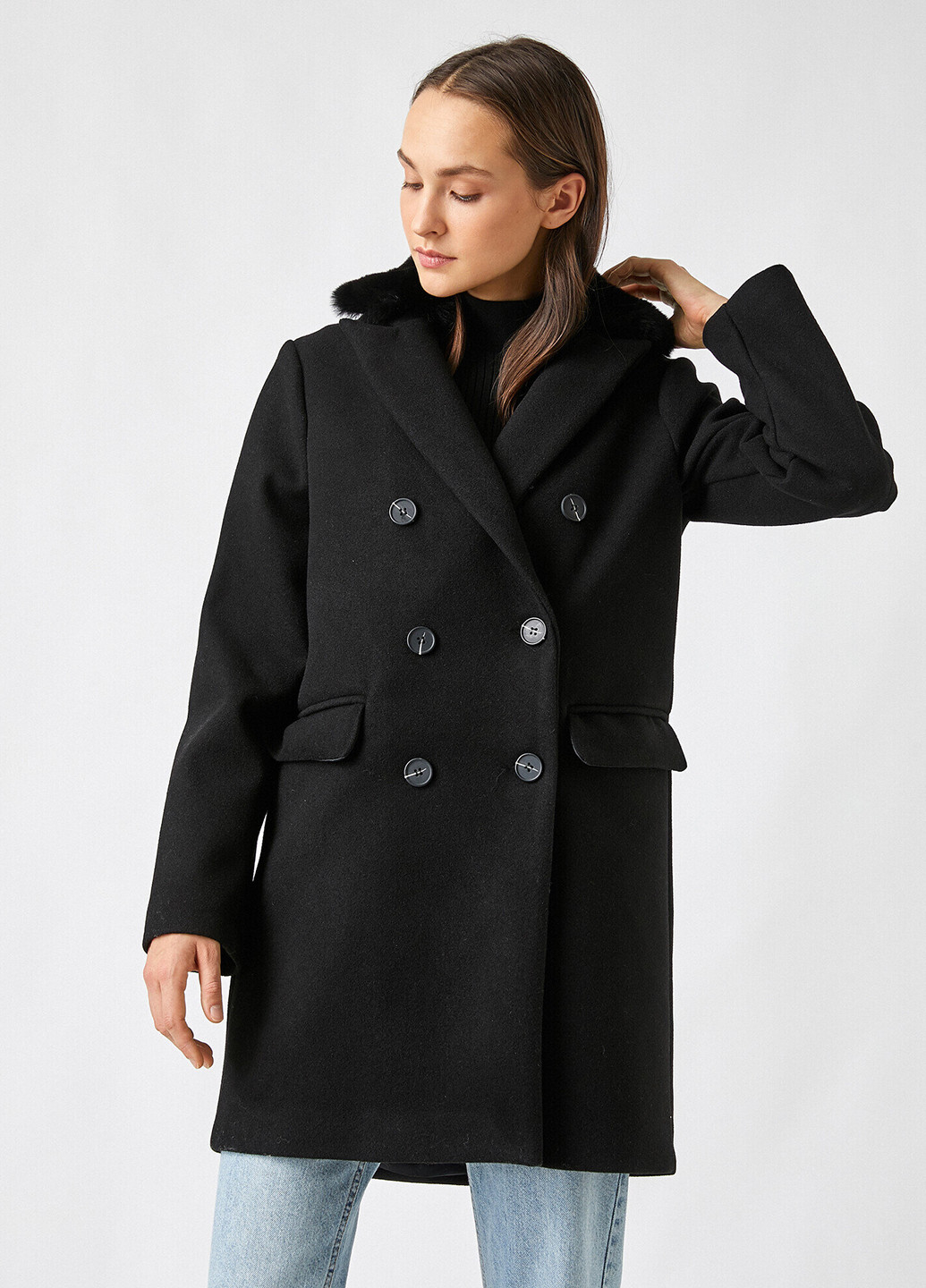 Черное демисезонное Пальто двубортное KOTON