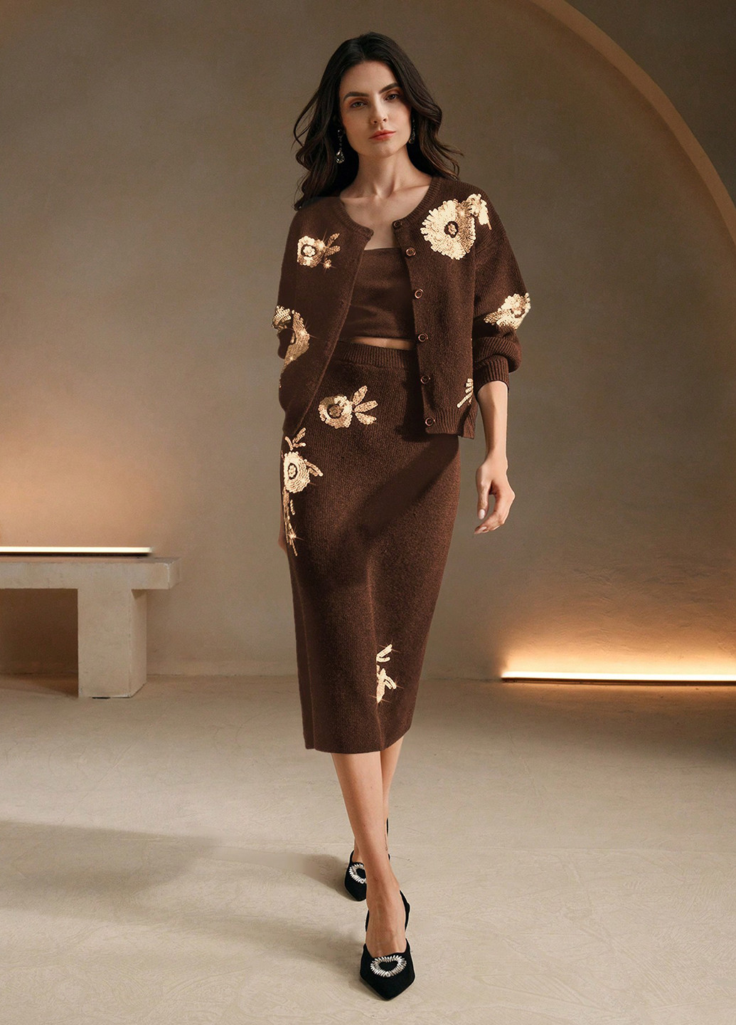 Коричневая кэжуал цветочной расцветки юбка SHEIN карандаш